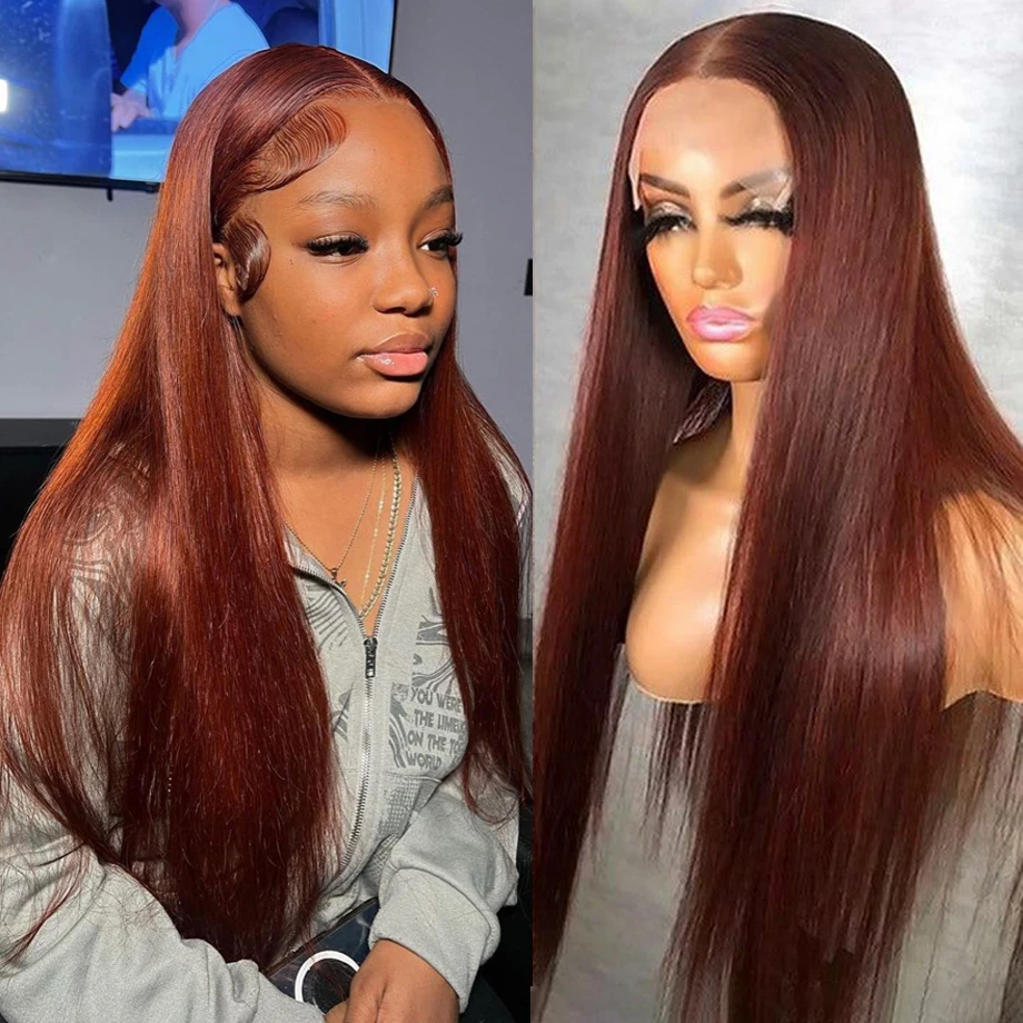 

30 40 Inch Reddish Brown Straight 13x6 Human Hair HD Lace Front Wig Colored Transparent Lace Frontal Wigs For Women 4x4 5x5