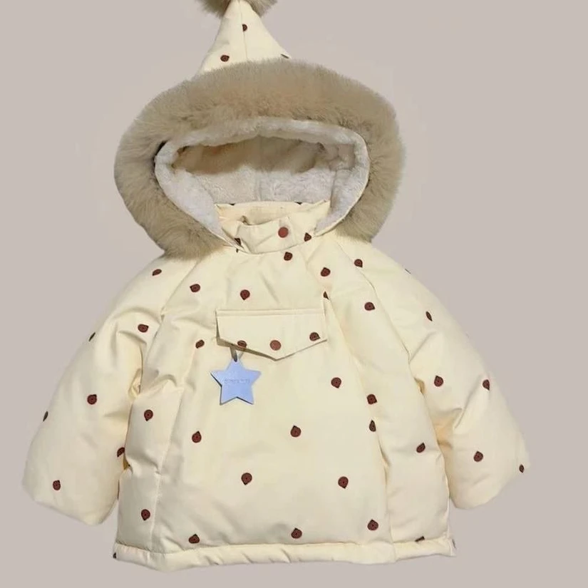 

Пальто для девочек, осень-зима 2022, новая детская одежда, корейская ветровая толстовка с капюшоном для девочек, милый большой воротник для волос, толстая хлопковая подкладка