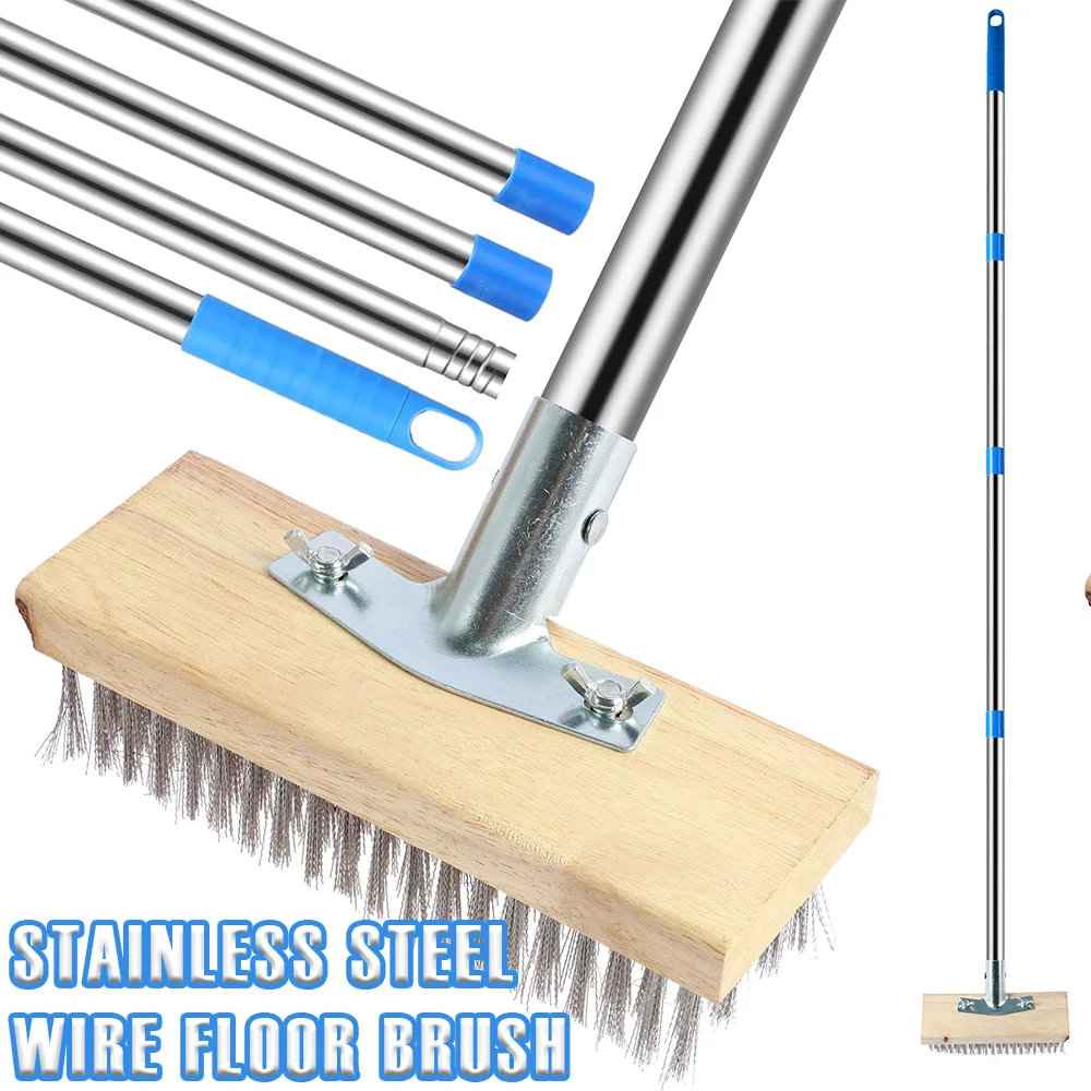 Heavy Duty Stainless Steel Wire Floor Brush Multipurpose Wire Deck Brush with 4 Section Detachable Pole for Home Concrete Floor