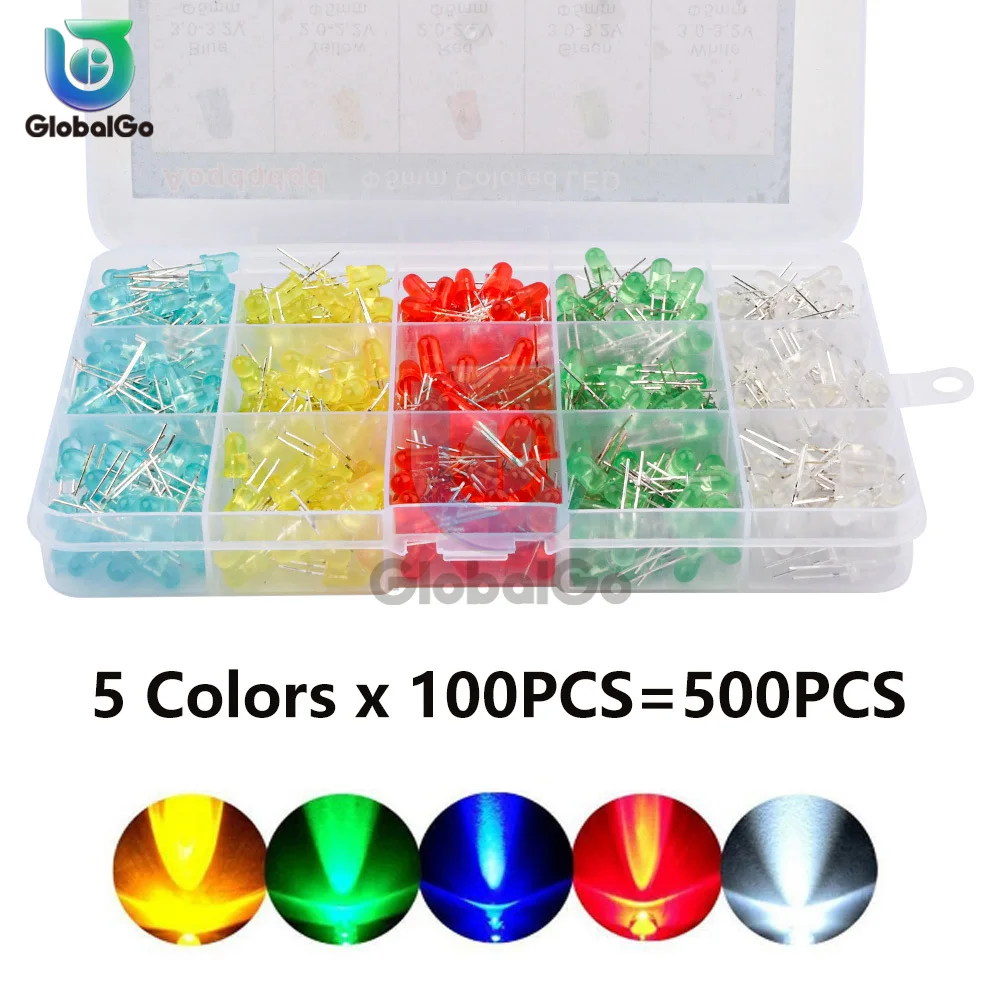 500pcs/lot 5mm LED Diode Assorted Kit Red Yellow Blue Green White DIY led lights Diodes electronic kit