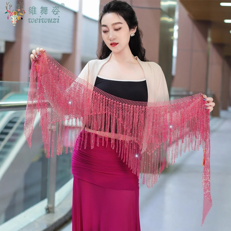 เข็มขัดเต้นรำท้อง เข็มขัดหิน AB ที่มีประกายพู่สามเหลี่ยมผ้าพันคอสะโพกสำหรับผู้หญิงอุปกรณ์เสริมการเต้นรำแบบตะวันออกเข็มขัด