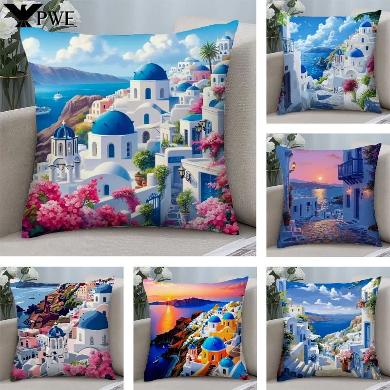 

Santorini Landscape Pillow Case Short Plush Pillow Covers Sofa Decorative Gift Home Double-sided Printing Cushion Cover