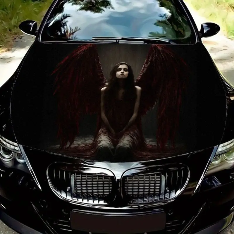 

Наклейка-значок для женской шляпы в готическом стиле: темно-красные крылья демона-ангела, с потертостями и кровавыми пятнами - красная наклейка на капот автомобиля