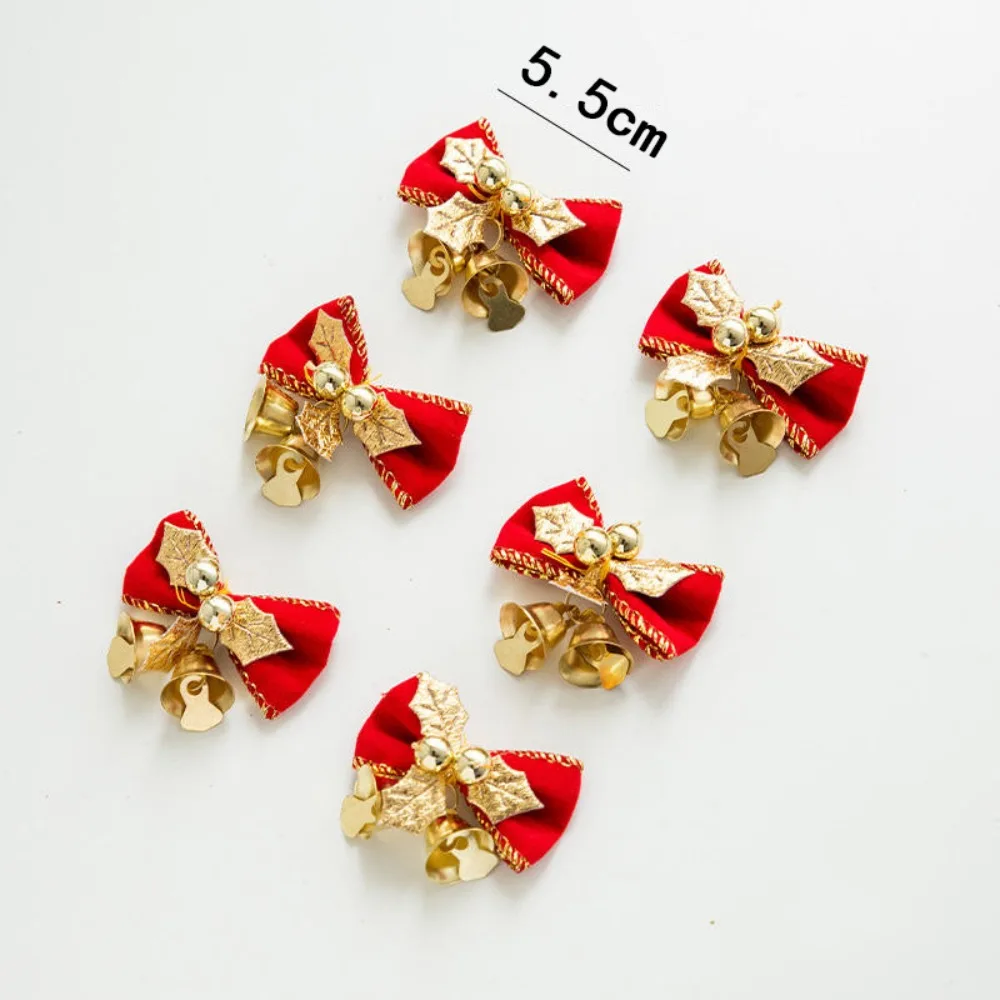 6PCS 6cm Christmas Bow DIY Accessories Mini Burlap Bow Bells Ornaments for Xmas Tree Gift Box Tree Bell Ornament