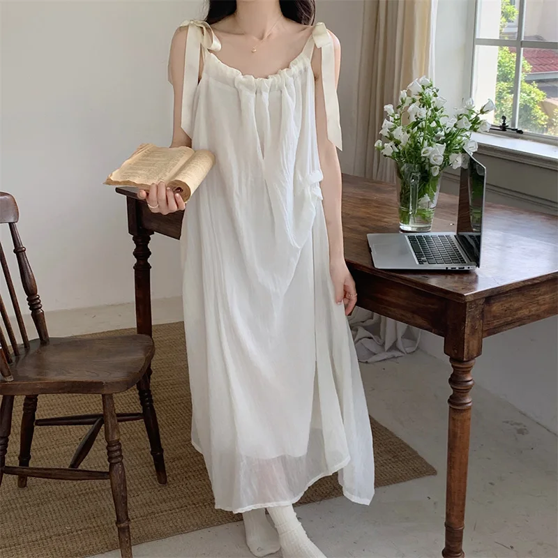 

Soft Wear Out Home Sweet Solid Sling Sleeveless NightDress Women Princess Korean Style Kawaii Elegant Casual Sleep Tops Ins