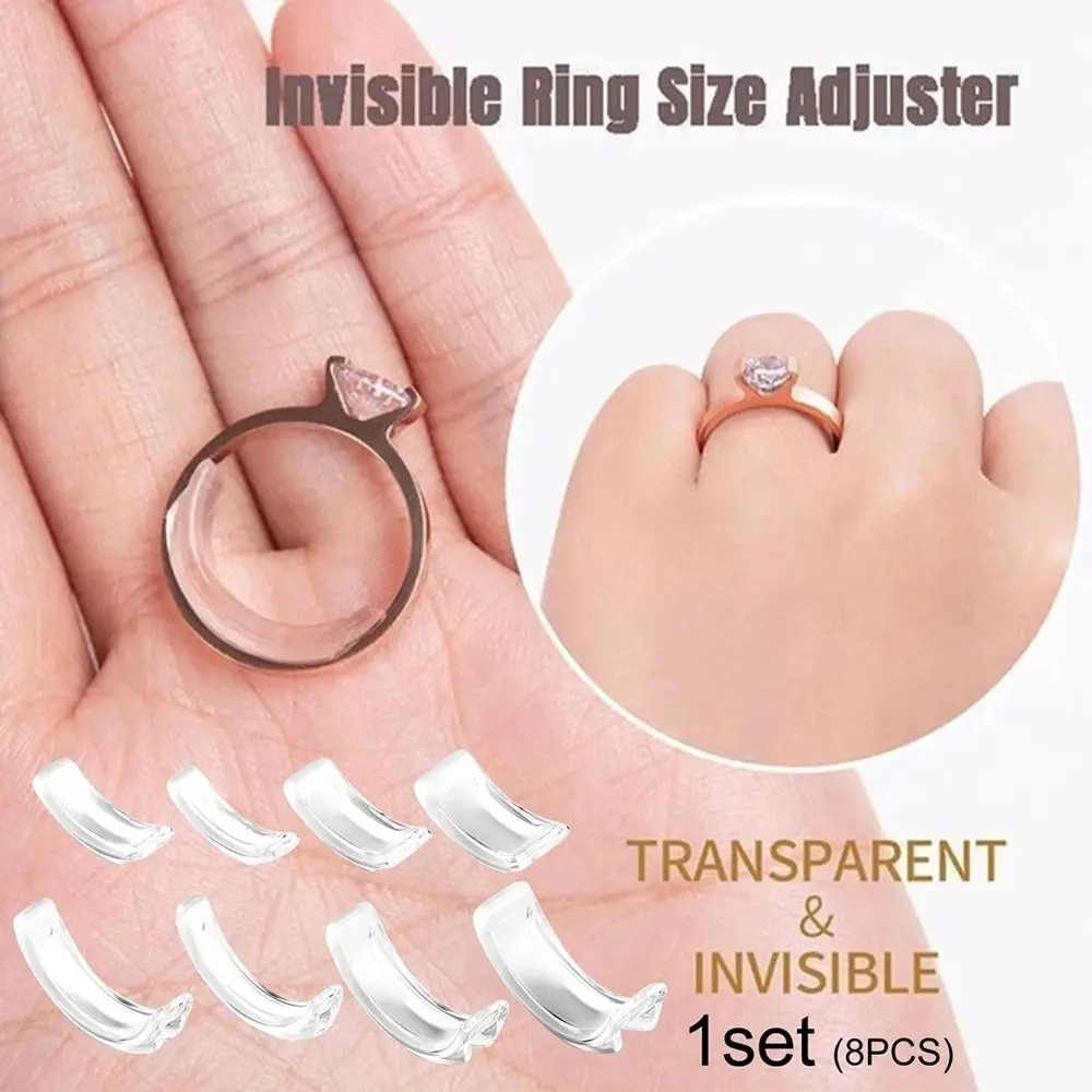 8Pcs Fixed Tightener Ring Size Adjuster New Invisible Silicone Ring Resizer Clear with 8 Sizes Jewelry Guard Spacer Tool