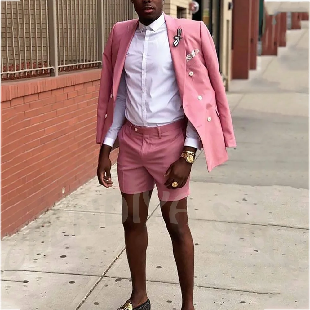 Chic Pink Men's Suit Elegant Double Breasted Peaked Lapel Jacket with Short Pants High Street Style Casual Party Prom Daily Wear