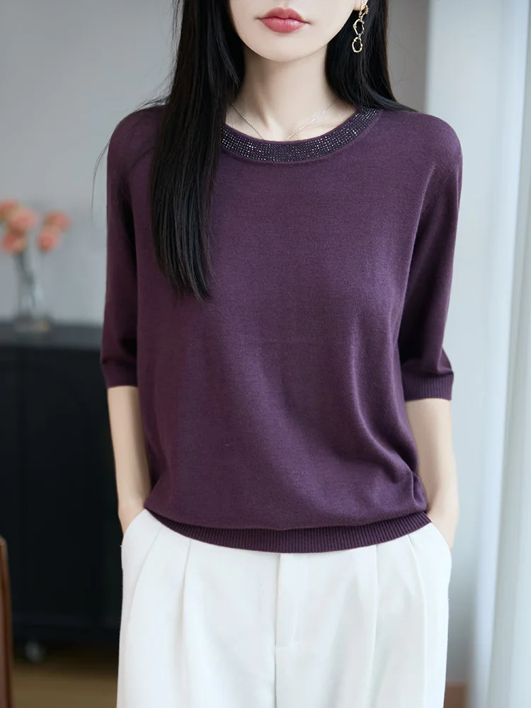 Rundes Ne ort Sve-Strick-T-Shirt für Damen mit Strassverzierung f Sve, lässig, lockere Passform, atmungsaktiv, normale Länge