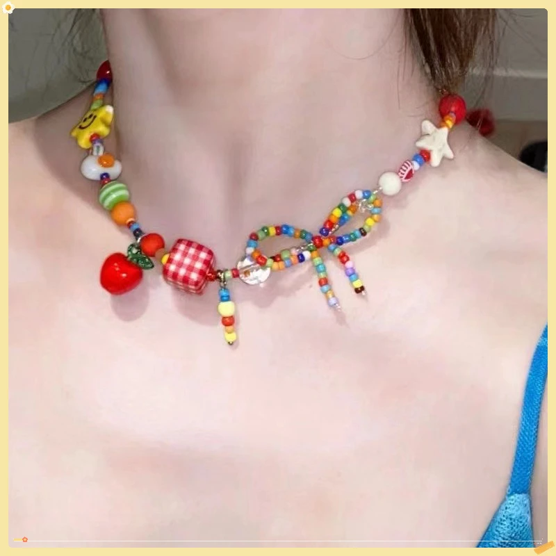البوهيمي صيف جديد الدوبامين الملونة التفاح ستار مطرز قلادة Harajuku الكرتون الفاكهة القوس سلسلة الترقوة خرز زاهي الألوان المختنق