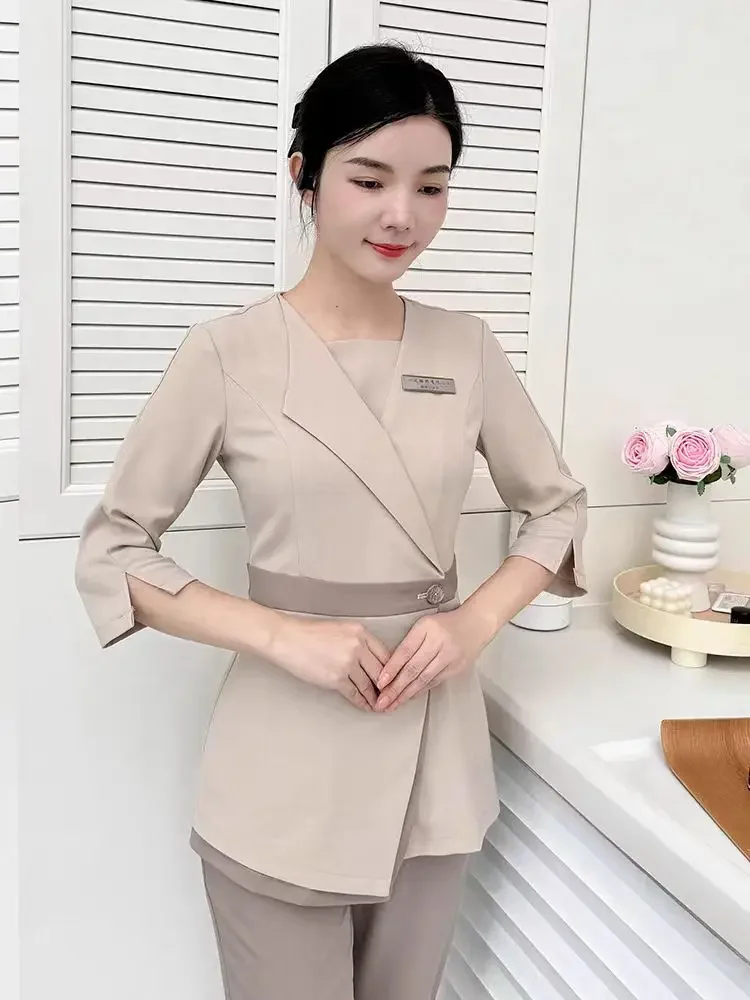 2024 Spring/Autumn New Hot Selling Beauty Salon SPA Uniform Women Khaki Top and Pants Set Company Front Desk Workwear Wholesales