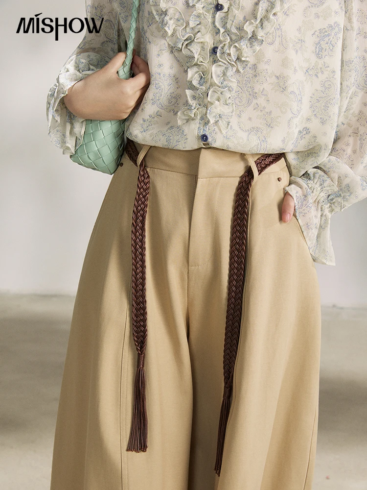 MISHOW Women's Khaki Wide Leg Pants 2026 Spring High Waist Belted Pants Rear Fake Pocket Design Casual Loose Trousers MXF13K1237