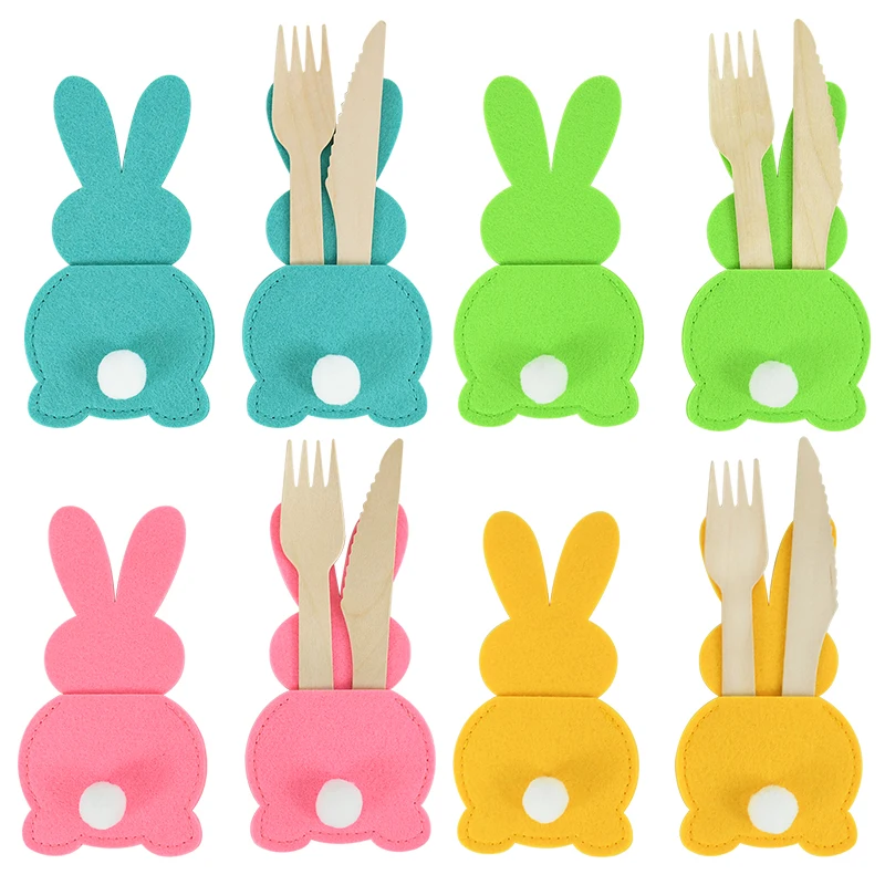 

4pcs Easter Bunny Cutlery Knife Fork Cover Table Cutlery Holder Bags Happy Easter Party Rabbit Felt Fabric Tableware Decoration