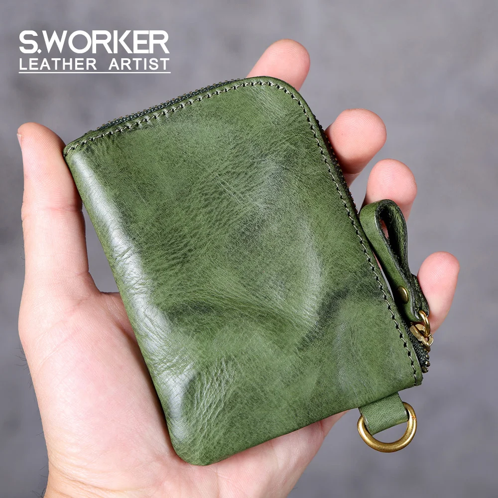 S.WORKER Mini-Kartenetui aus echtem Vollnarbenleder, handgefertigt, Retro, kleine Münztasche, tragbare Tasche – Detail 2