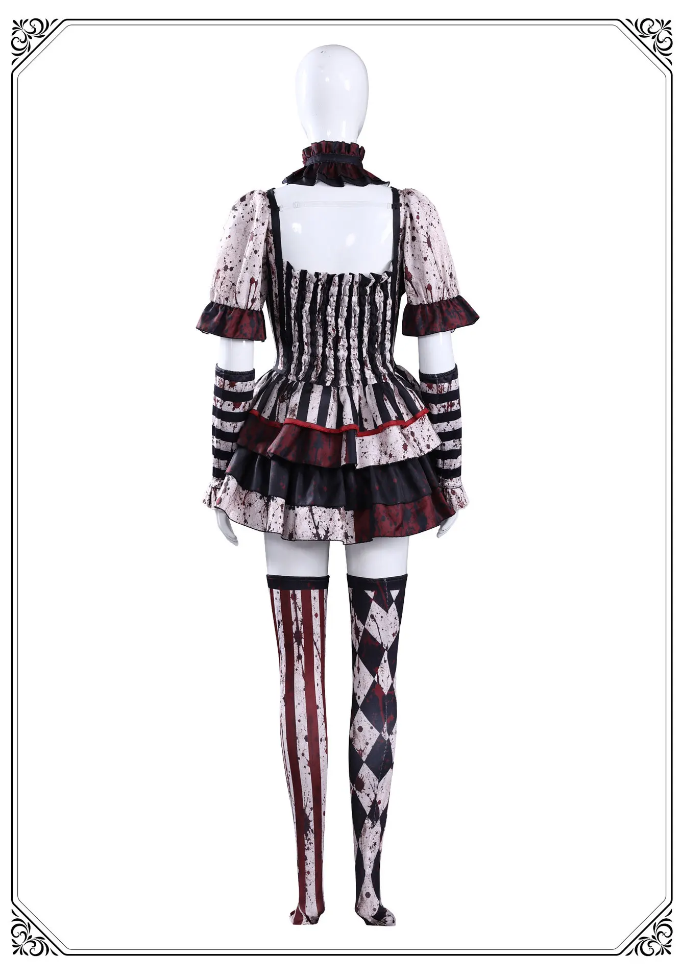 Blutiger Horror-Clown Cosplay-Kostüm für Frauen, Gothic Horror Zirkus Cosplay-Kleid, Gruseliger Gestreifter Blut-Party-Jumpsuit für Halloween – Detail 19