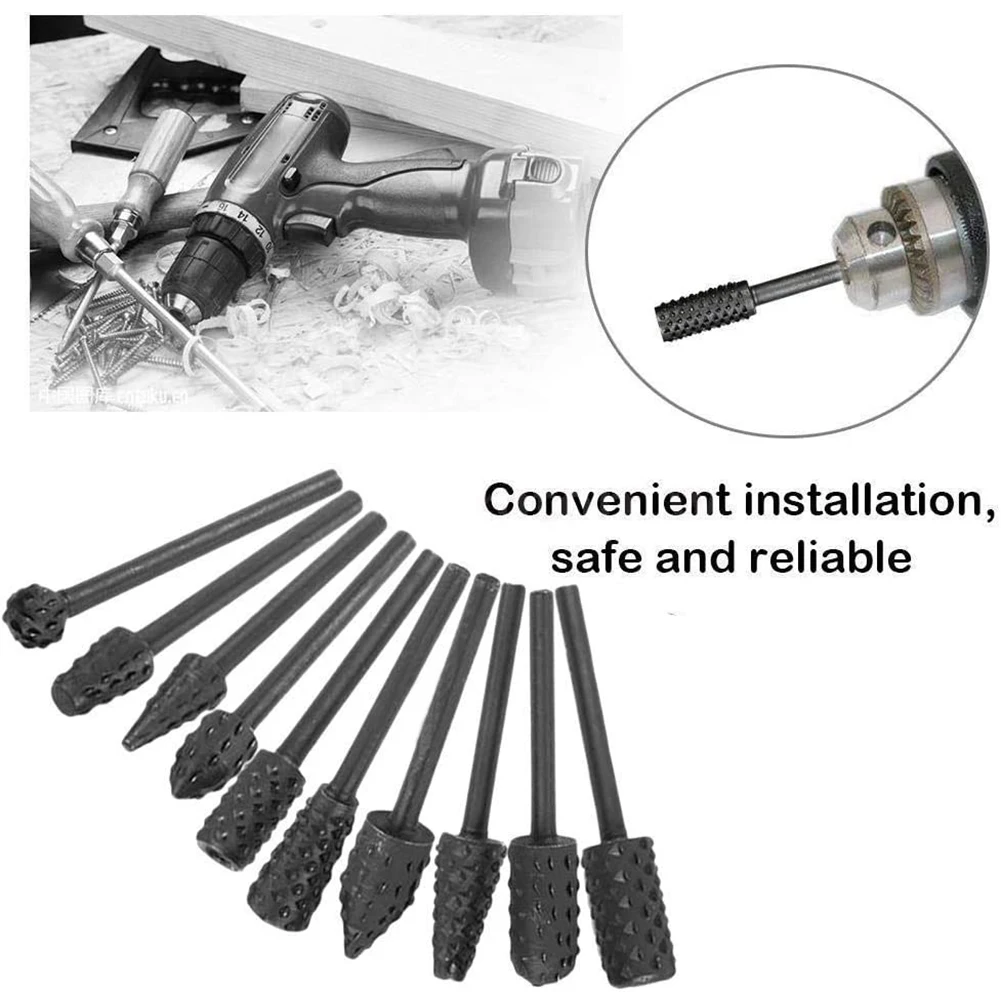 10pcs/set Rotary Rasp File Drill Bits Rasp Set 1/8" Shank Rotary Craft Files Rasp Burrs Wood Bits Grinding Woodworking Tools