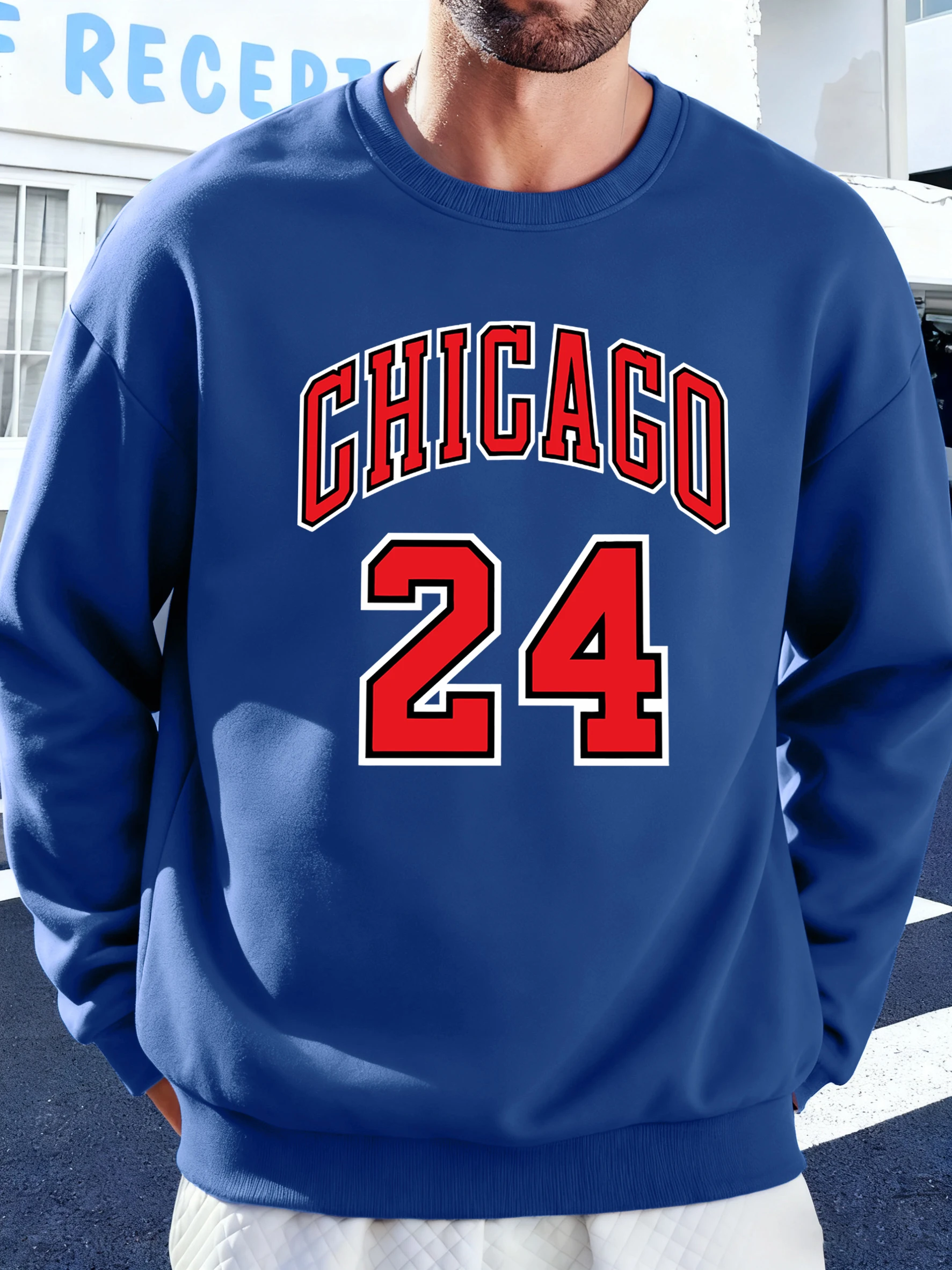 Chicago Nummer 24-Buchstabendruck Herren Pullover Bequemes High Street Fleece-Sweatshirt O-Ausschnitt Lässiger Hoodie Lose Herbst Streetwear