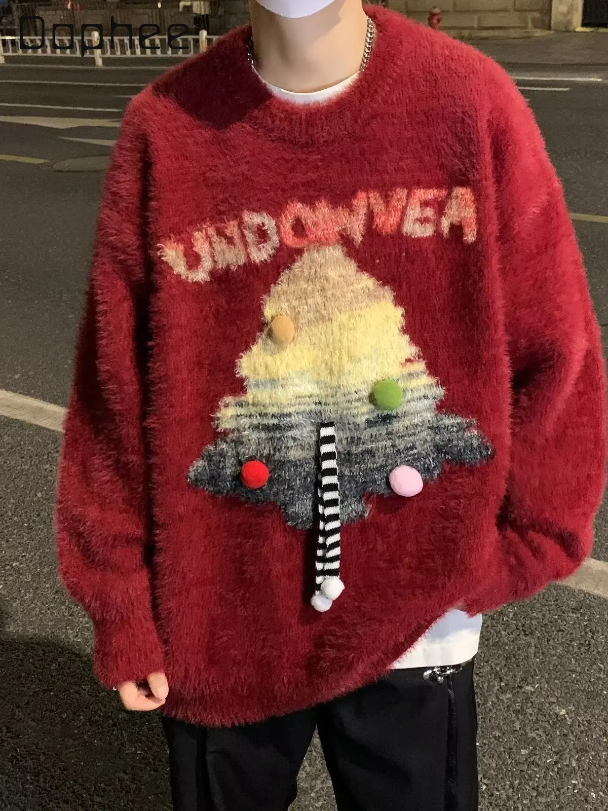 الأمريكية الرجعية متعة شجرة عيد الميلاد الأحمر جولة الرقبة الرجال سترة الخريف الشتاء فضفاضة عارضة زوجين الأزرق الأخضر محبوك سترة #1