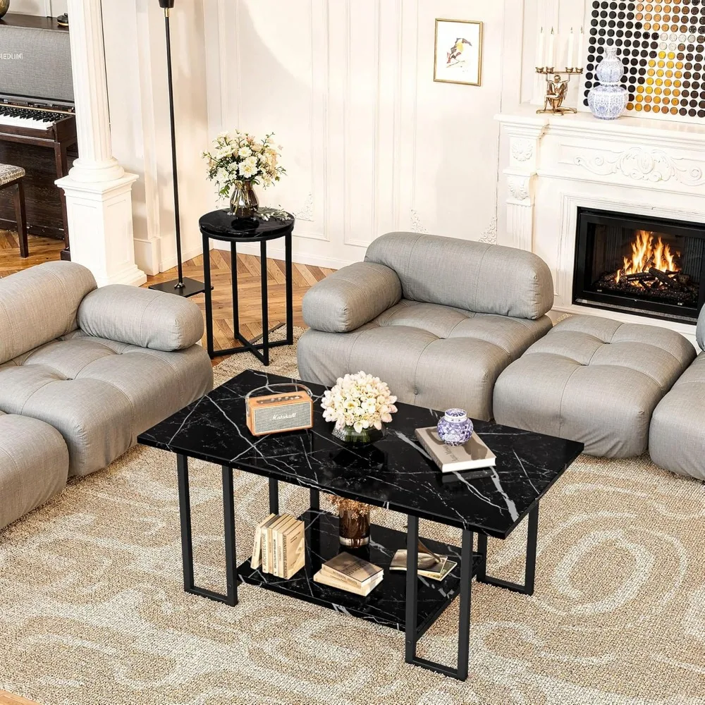3-Piece Living Room Furniture Set: Faux Marble Coffee Table and Two Round End Side Tables with Metal Frame