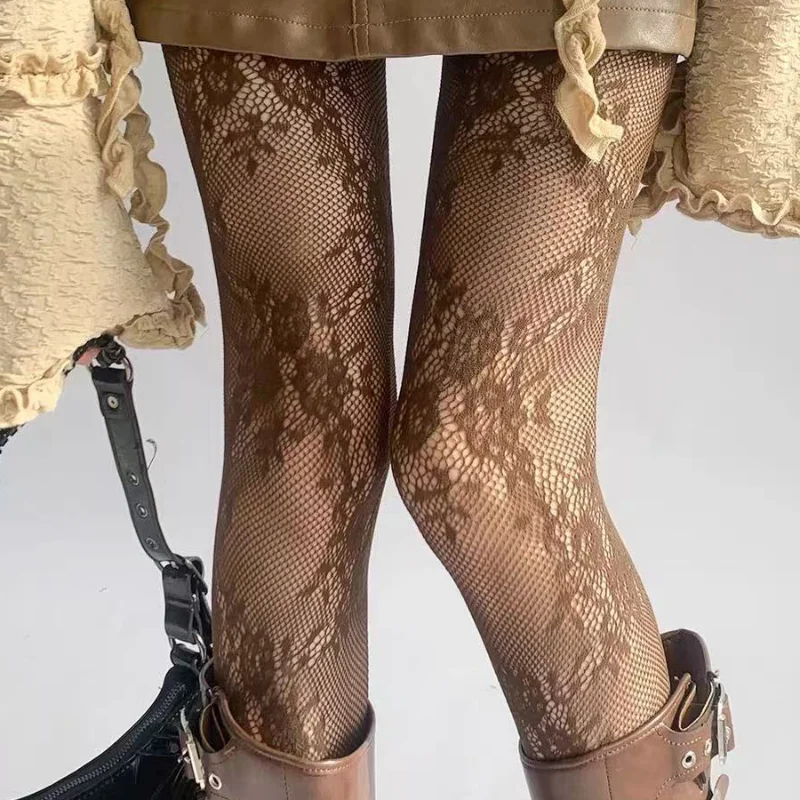 Lace Mesh High Tube Rattan Bottom Pantyhose Ladies Floral Sexy Mesh Fishnet Stockings Fashion Lolita Retro Openwork Stockings