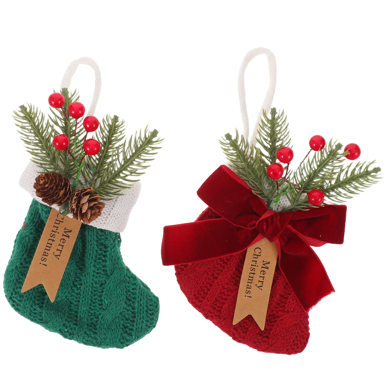 

2Pcs Christmas Stocking Ornaments Knitted Santa Boots Candy Snack Holder Small Xmas Tree Hanging Decoration Pine Bow