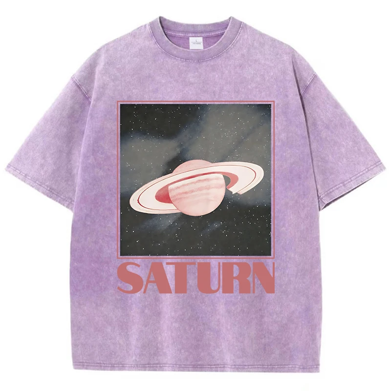 

Saturn Cotton Washed T Shirts Women Retro Planet Printing T-Shirt Distressed Oversize O-Neck Tops Summer Casual Woman Clothes
