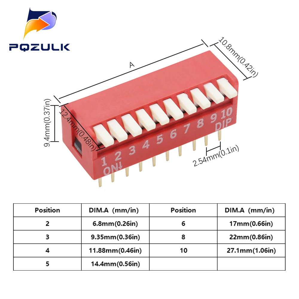 5 sztuk typ fortepianu 2.54MM przełącznik DIP DP 1P/2P/3P/4P/6P/8P/10P/12P bit 2.54mm przełącznik DIP czerwony/niebieski pozycja boczna pod kątem