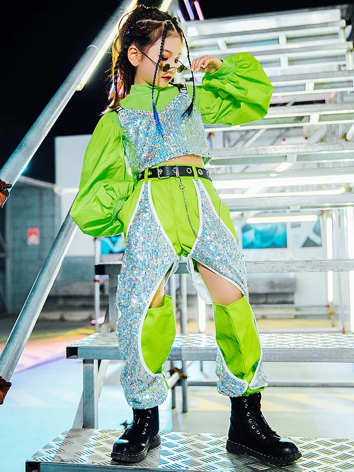ZZL Fashion K-pop Stage Outfits for Girls Green Silver Sequin