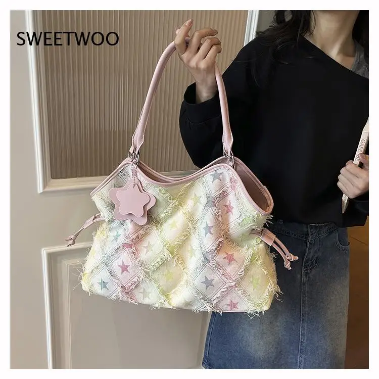 2026 Vintage Star Denim Canvas Underarm Tote Bag Drawstring Design Large Capacity Single Shoulder Purse view 2