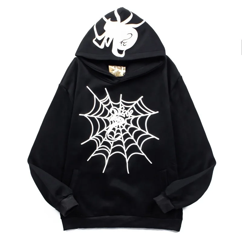 FEWQ Hip Hop Men's Sweatshirts Spider Web Letter Printing Casual Hooded Contrast Color Loose Male Pockets Hoodies Chic 24K1236