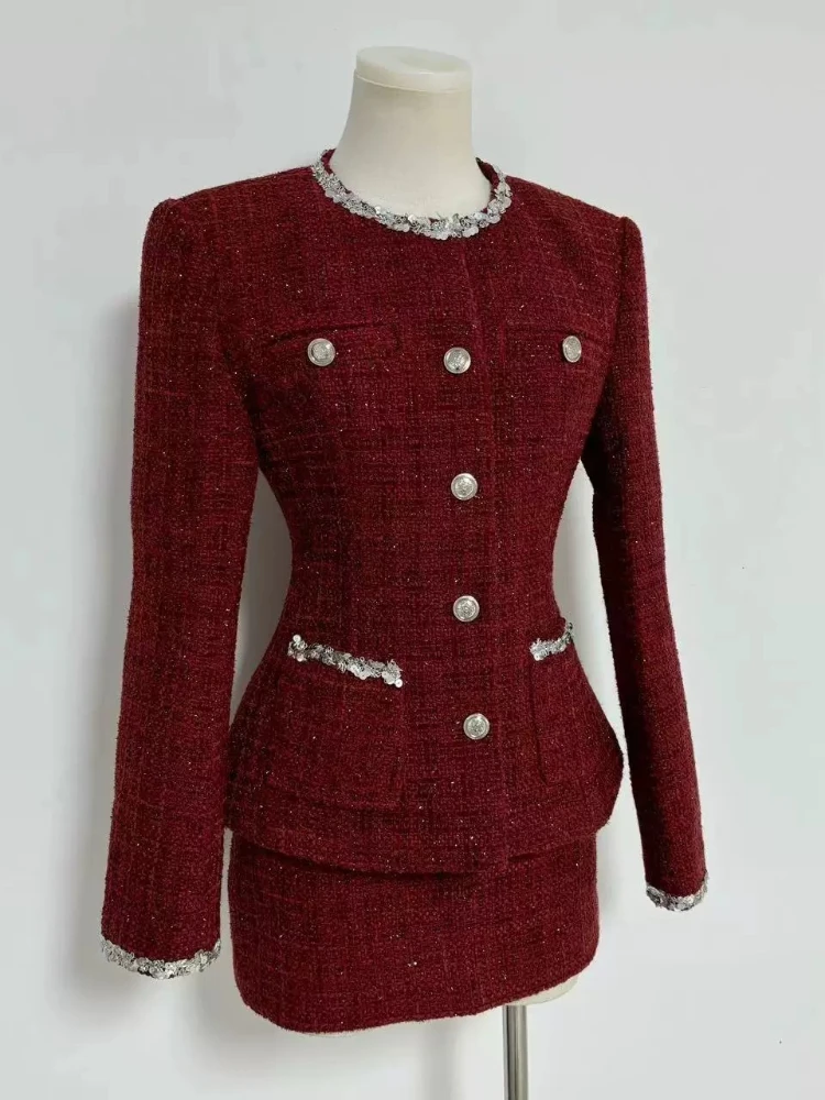 Dress Set Festive Red Silver Woven Fitted Jacket Paired With Low Waist Midi For Elegant Classic Glamorous Sophisticated Skirt