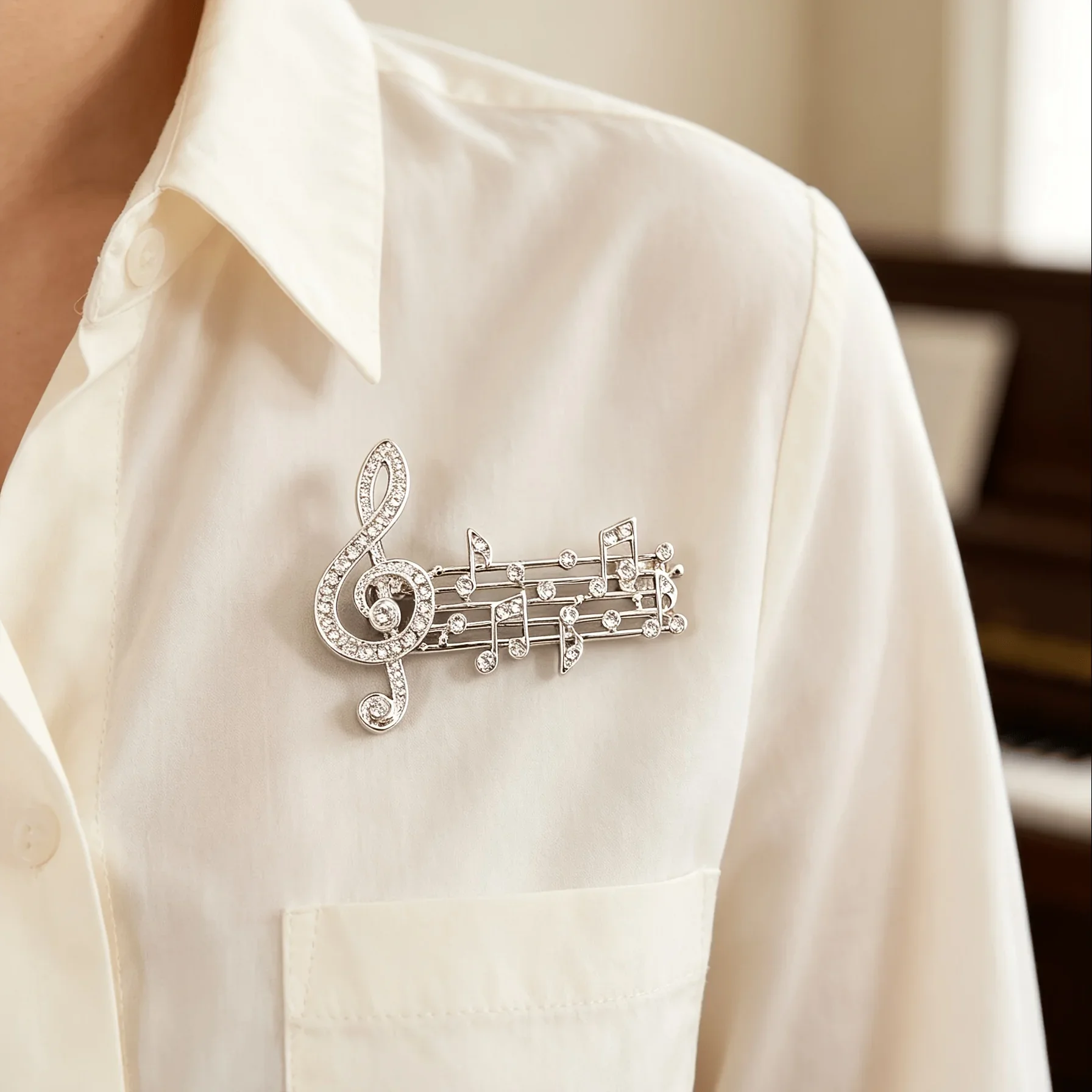 Gold & Silver Enamel Music Note Brooch Pins, Elegant Crystal Badge, Musical Lover Souvenir Party Accessories