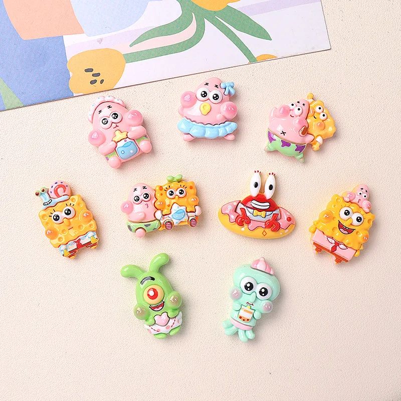 10Pcs/set Cartoon SpongeBob Patrick Star Glossy DIY Resin Accessories Handmade Hair Clips Phone Cases Water Bottles Headwear