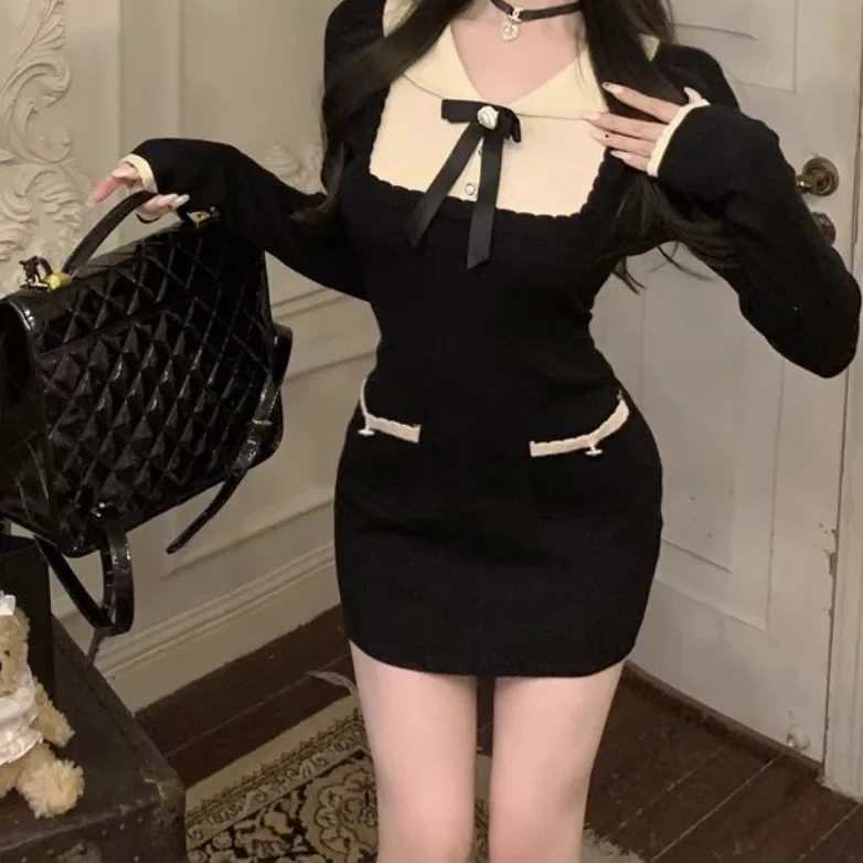 جديد وصول كتلة اللون فراشة عقدة محبوك فستان المرأة الخريف الخصر Cinched قصيرة تنورة صغيرة أنيق أسود Bodycon فستان #1
