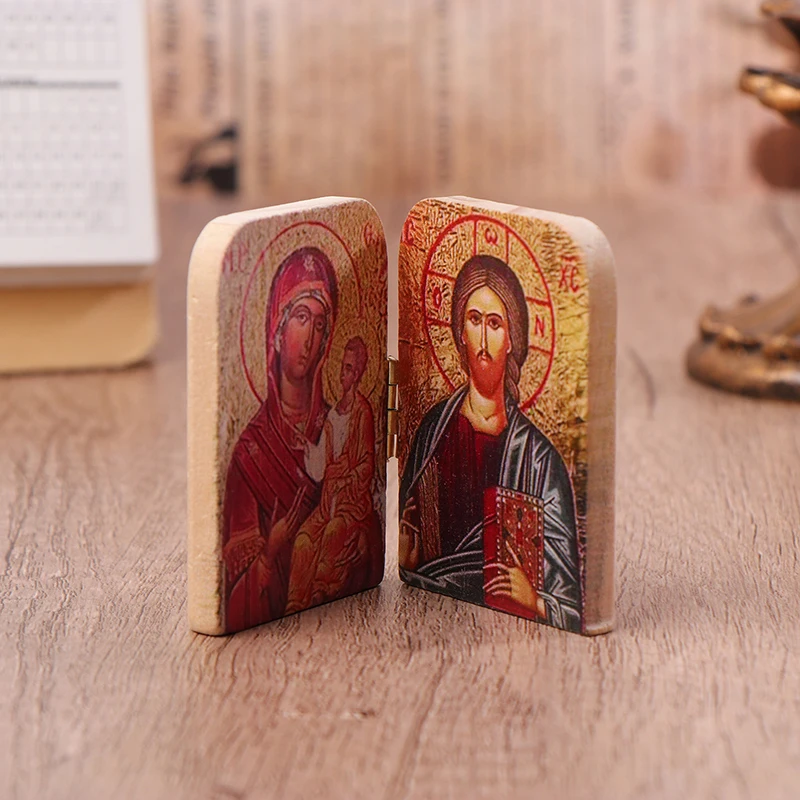 1PC Wood Christ The Teacher And Virgin Of Kazan Catholic Orthodox Icon Diptych For Travel Home Display Religious Gift Decoration