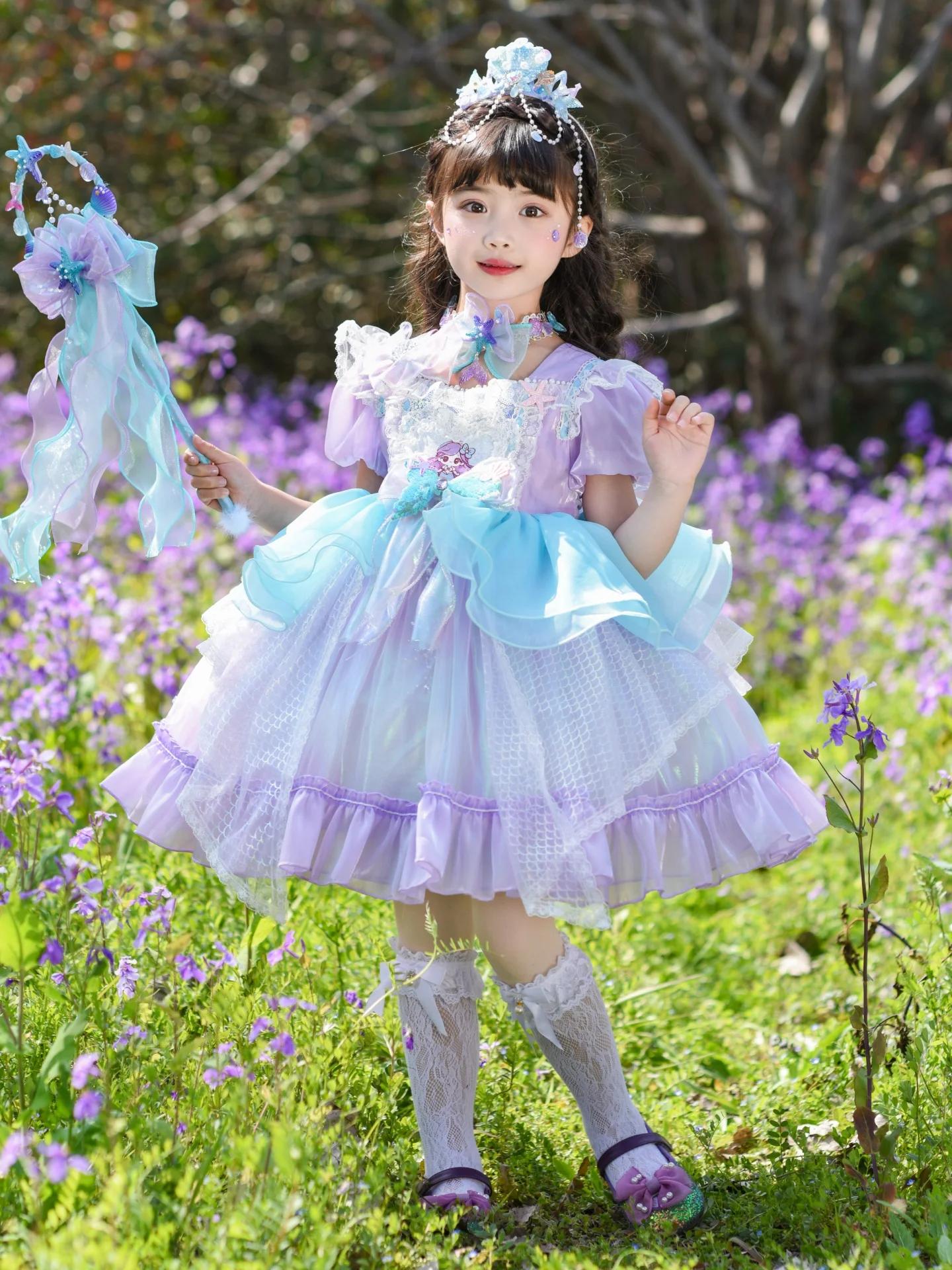 Vestido de Princesa Sereia Lolita para Meninas, Saia Roxa com Laço, Vestido de Aniversário Estilo Doce, Manga Curta, Saia Rod...