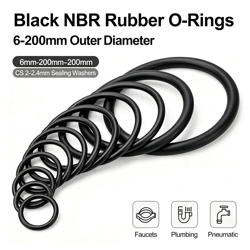 Black NBR Rubber O-Rings, CS 2-2.4mm Sealing Washers, 6-200mm Outer Diameter Gaskets for Faucets, Plumbing, Pneumatic