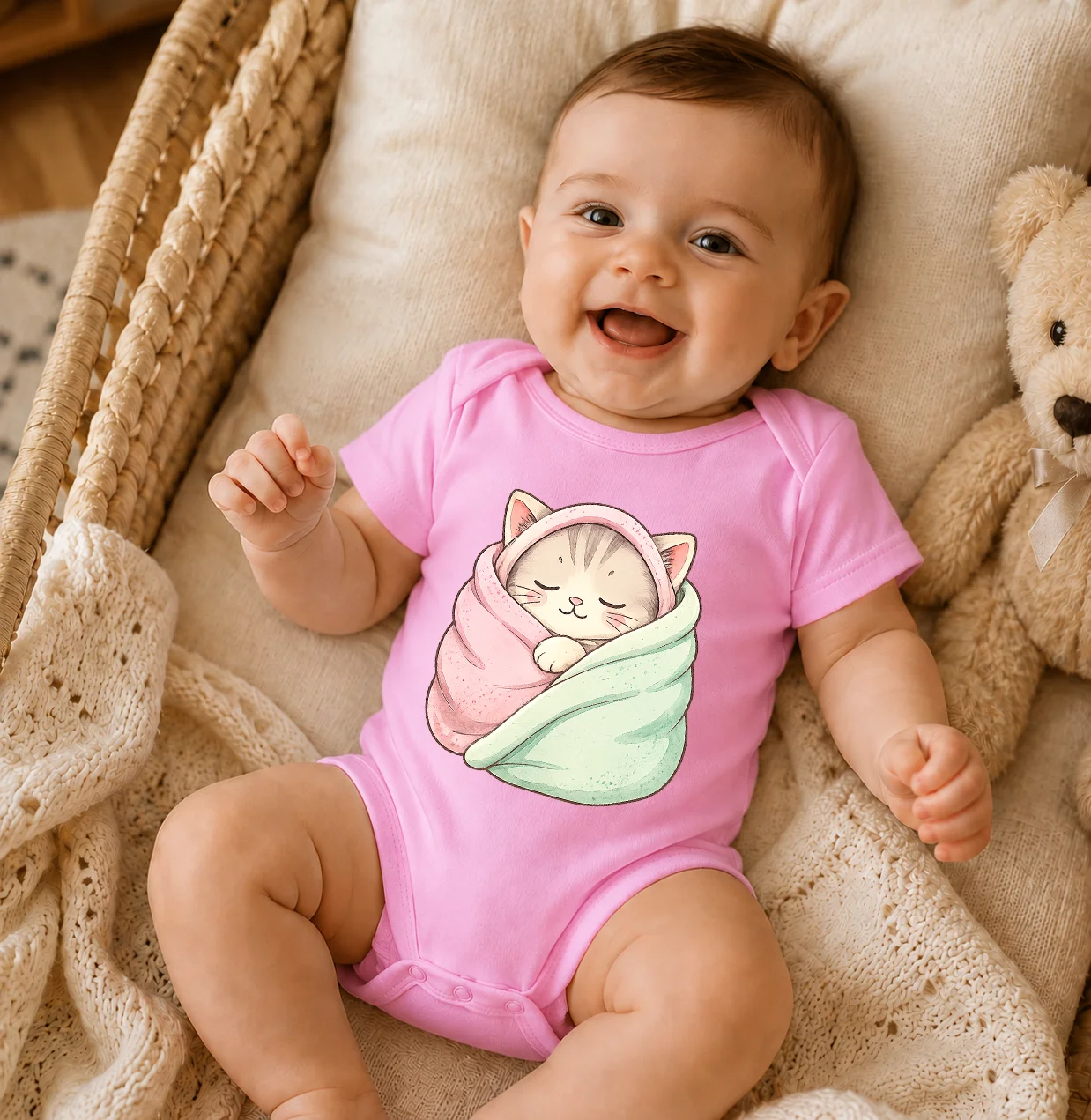 Kawaii Sleeping Cat Graphic Baby Girl Bodysuit Breathable Cotton Short Sleeve Onesie Newborn Daily Wear Infant Jumpsuit Baby Sho