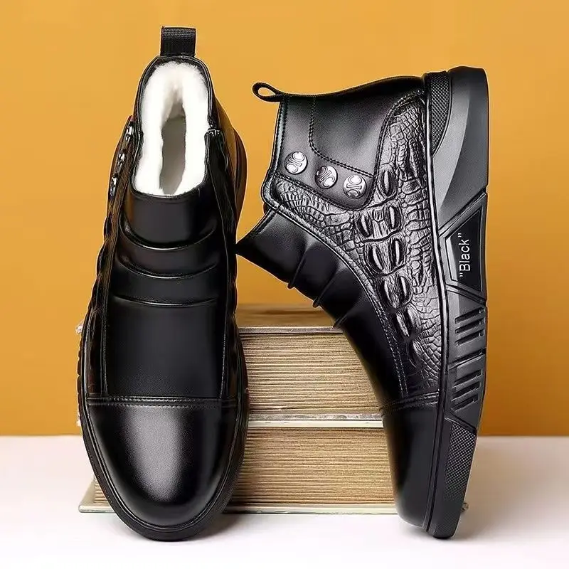 Winter New Men's Thickened Black Mid-Top Business Casual Snow Boots 2026