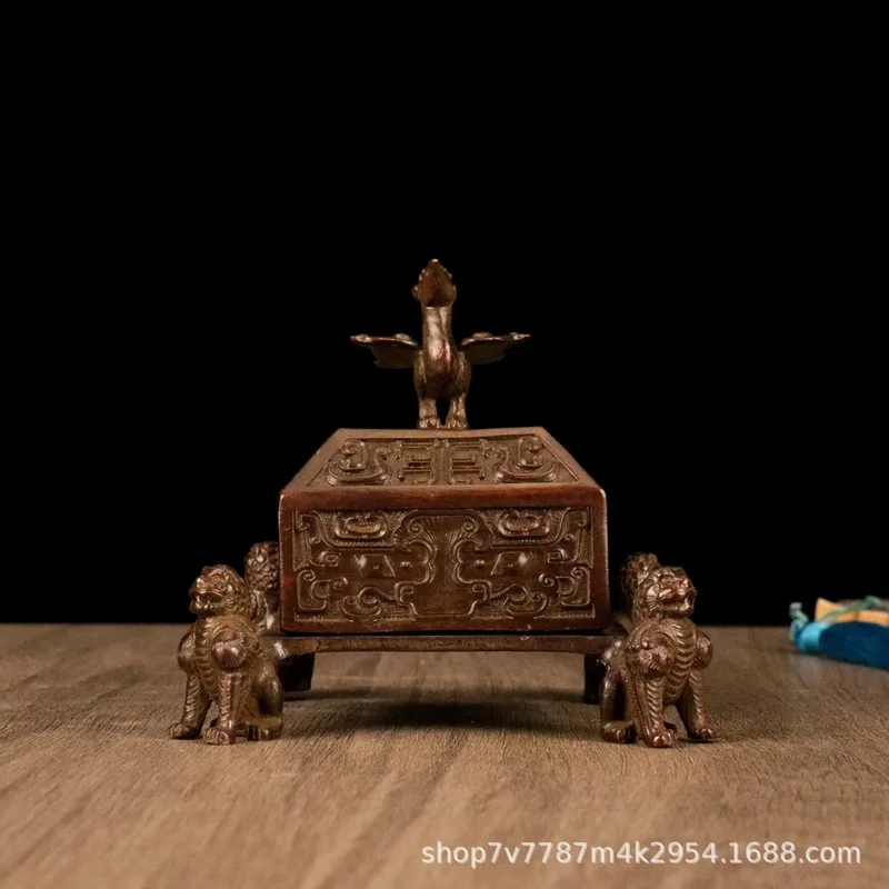 Brass alloy craft item: Quadrilateral beast-footed Vermilion Bird incense burner, home decoration ornament