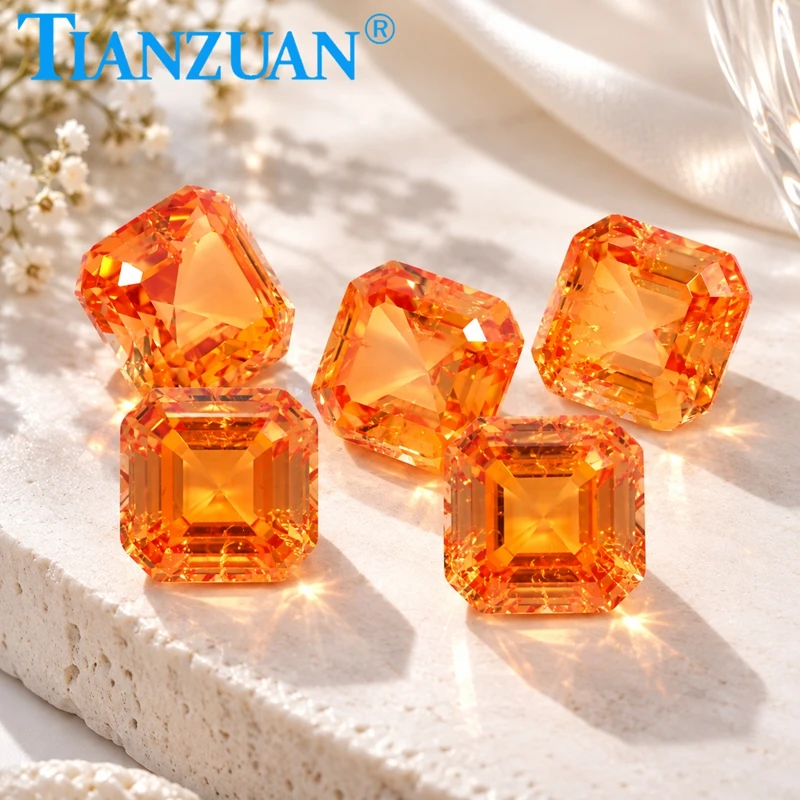Fanta Color Lab Grown Sapphire Square Shape Emerald Cut Orange Color Synthetic Corundum Visible Inclusion with AGL Certificate