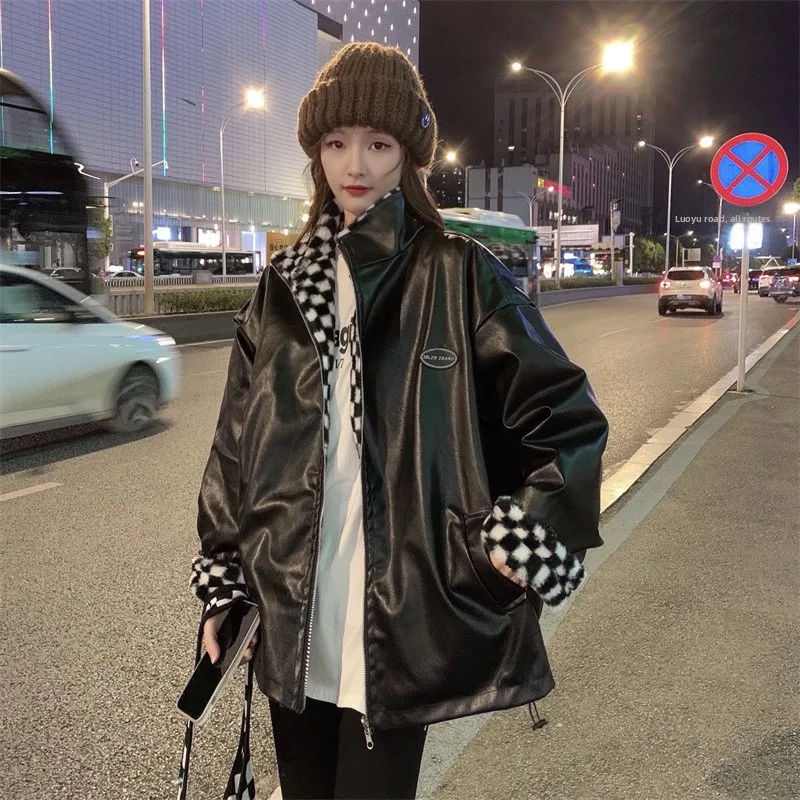 

Black PU Leather Cotton Jacket Women's Loose Fit Double-Sided Wear Autumn Winter New Style American Retro High-End Feel Outer...