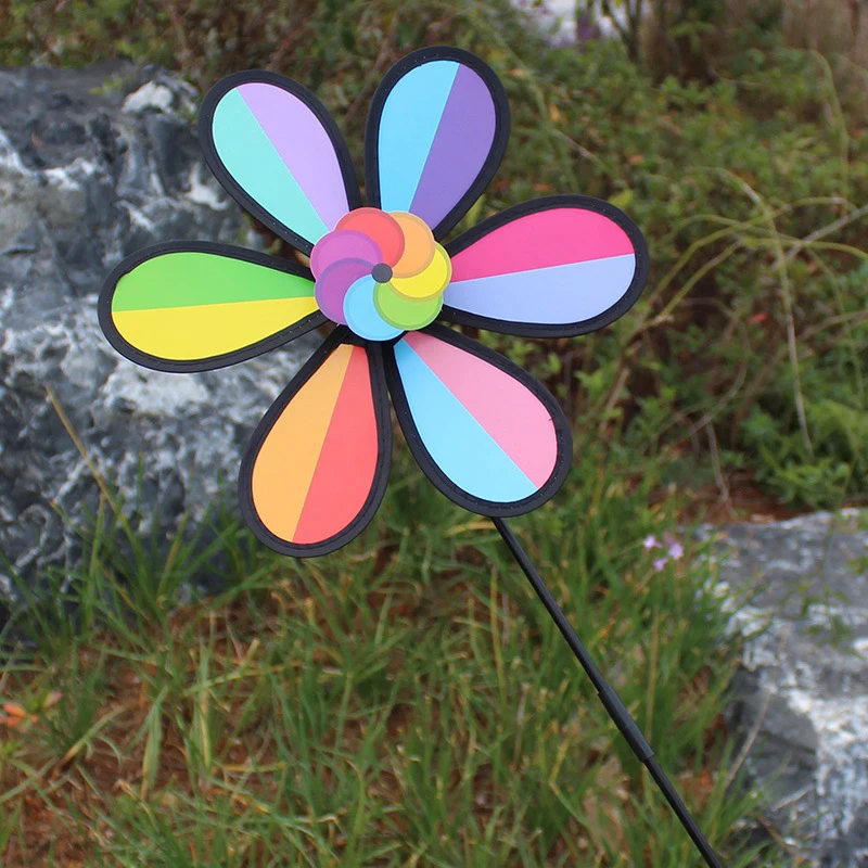 Outdoor Rainbow Six Color Windmill With Black Edge Stake Standing Lawn Flower Pinwheel Outdoor Party Garden Yard Picnic Decor