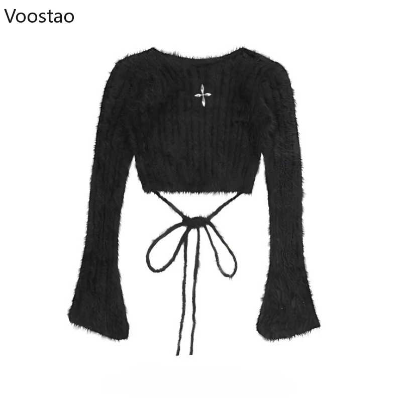 Sexy Y2k Aesthetic Cropped Sweater Women Casual Fashion Metal Cross Flare Sleeve Slim Knitted Pullover Korean Female Jumper Tops