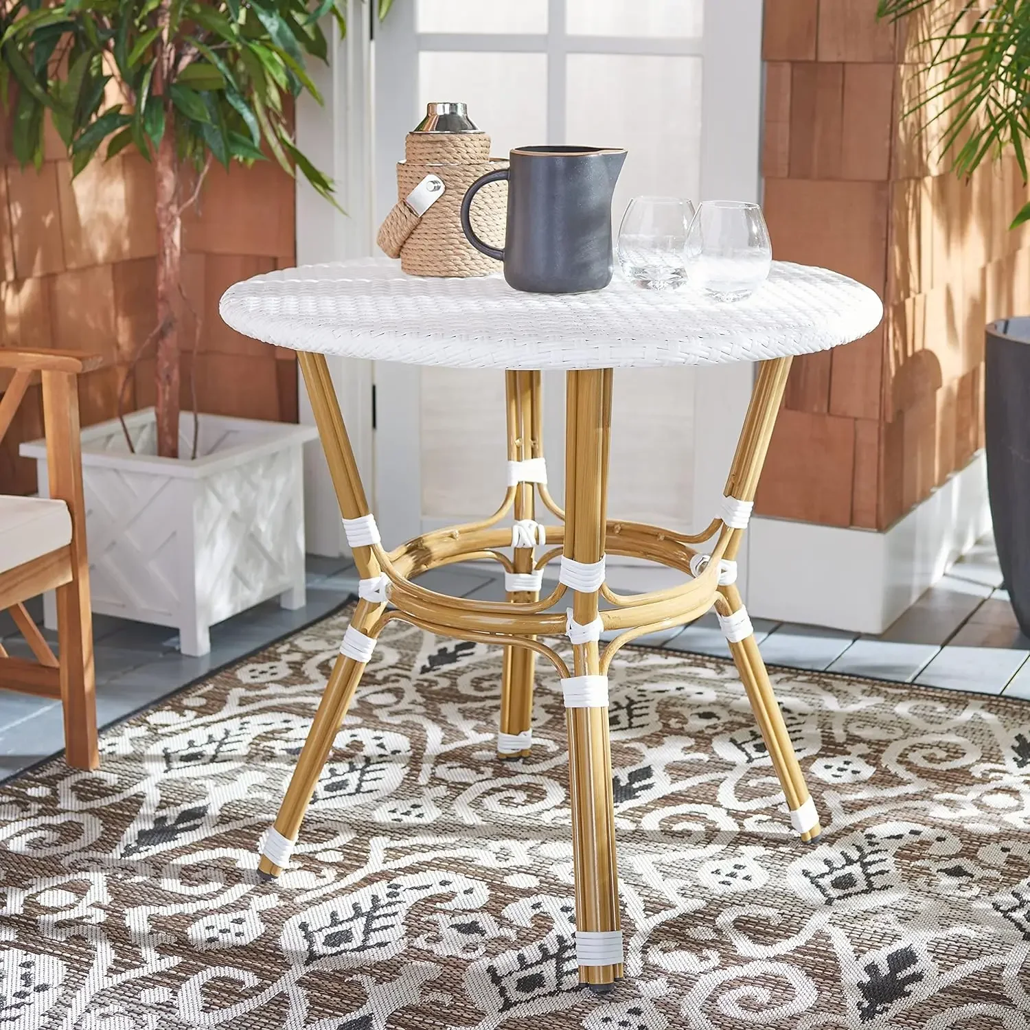 Safavieh PAT4012C Outdoor Collection Sidford Bistrotisch aus weißem Rattan