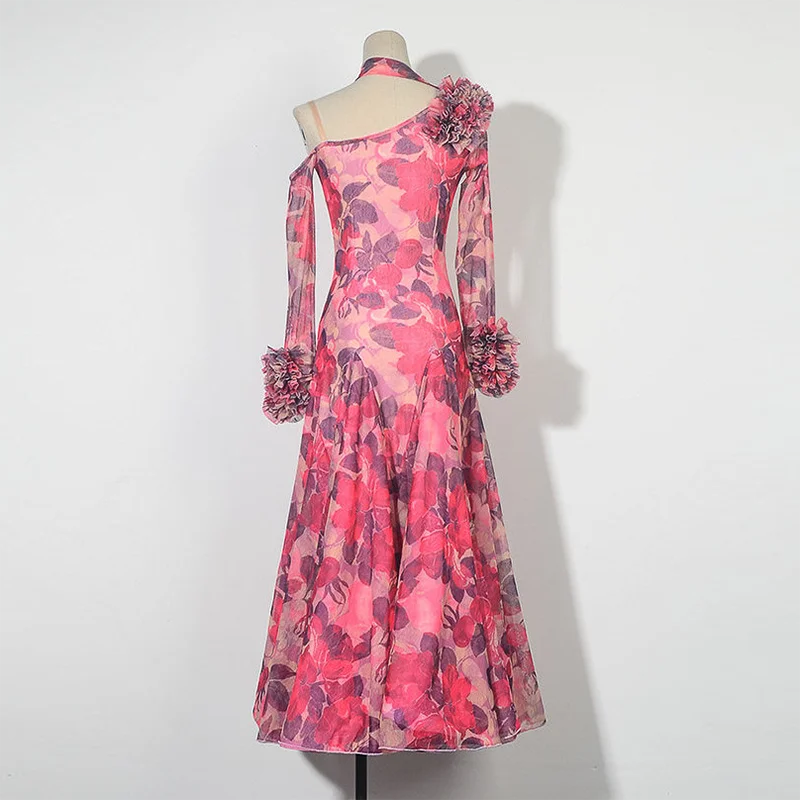 Ballsaal-Tanzkleidung für Erwachsene Walzer Rosa Blumen Übungskleidung Langarm Leopardenmuster Fischgräten-Schwingkleid mit Trägern – Detail 7