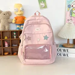 Xiuya Pink Womens Backpack Cute Patchwork Transparent Fashion Backpacks Nylon Casual Large Capacity Travel Harajuku Female Bag