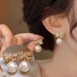 Fashionable S925 Silver Needle Bow Imitation Pearl Earrings, Exquisite Feminine Style Wedding Party Jewelry Accessories