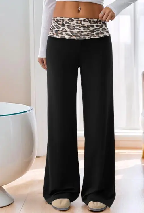 

2025 New Spicy Girl Low Waist Pants Casual Splicing Color Contrasting Leopard Pattern Wide Leg Pants for Women