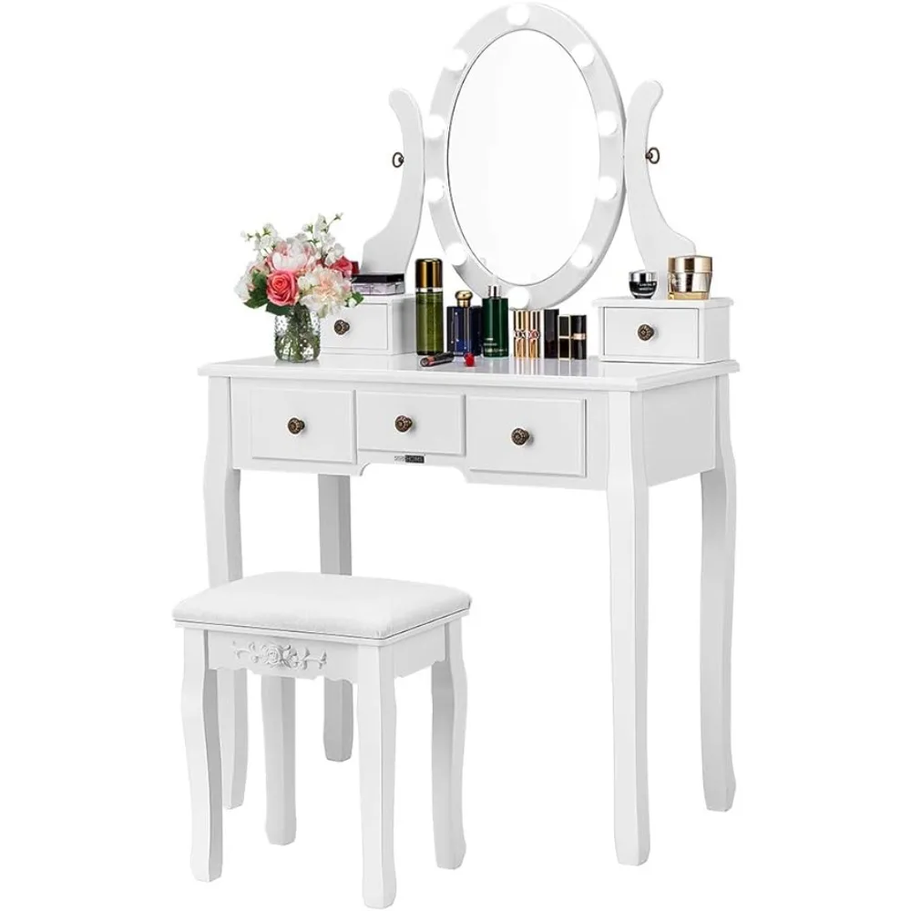 VIVOHOME Makeup Vanity Set with 10 Dimmable LED Bulbs, Dressing Table with 360° Rotating Lighted Mirror and Cushioned Stool