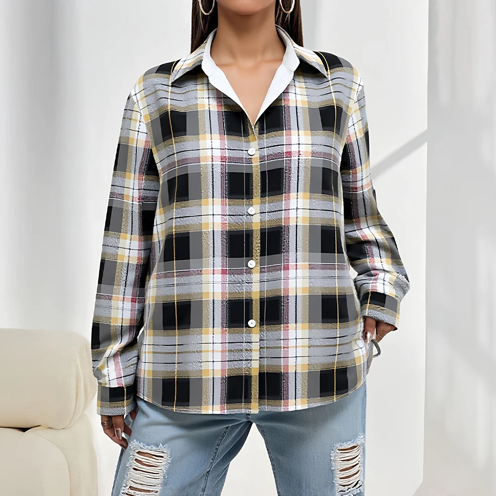 

Mia Muse Autumn Shirts 2025 Women's Korean Plaid Long Cuff Sleeve Shirt Collar Button Office Lady Shirts